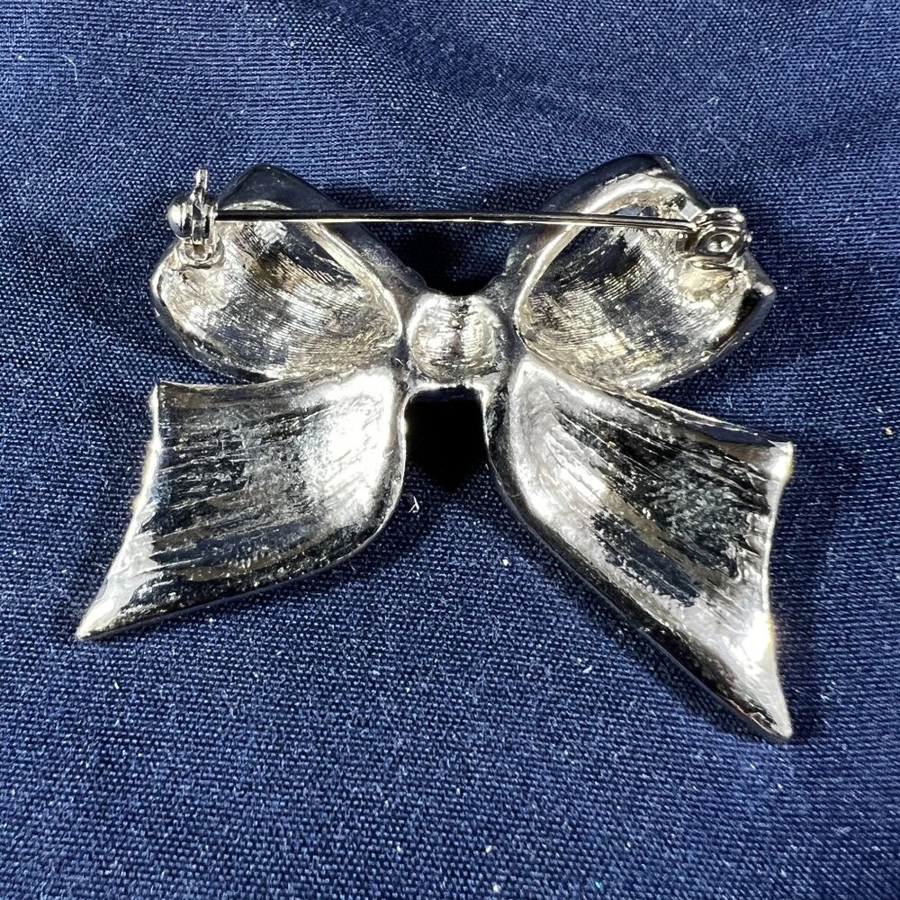 Blue Enamel & Rhinestone Bow Brooch Jewelry Pin - Picture 2 of 2